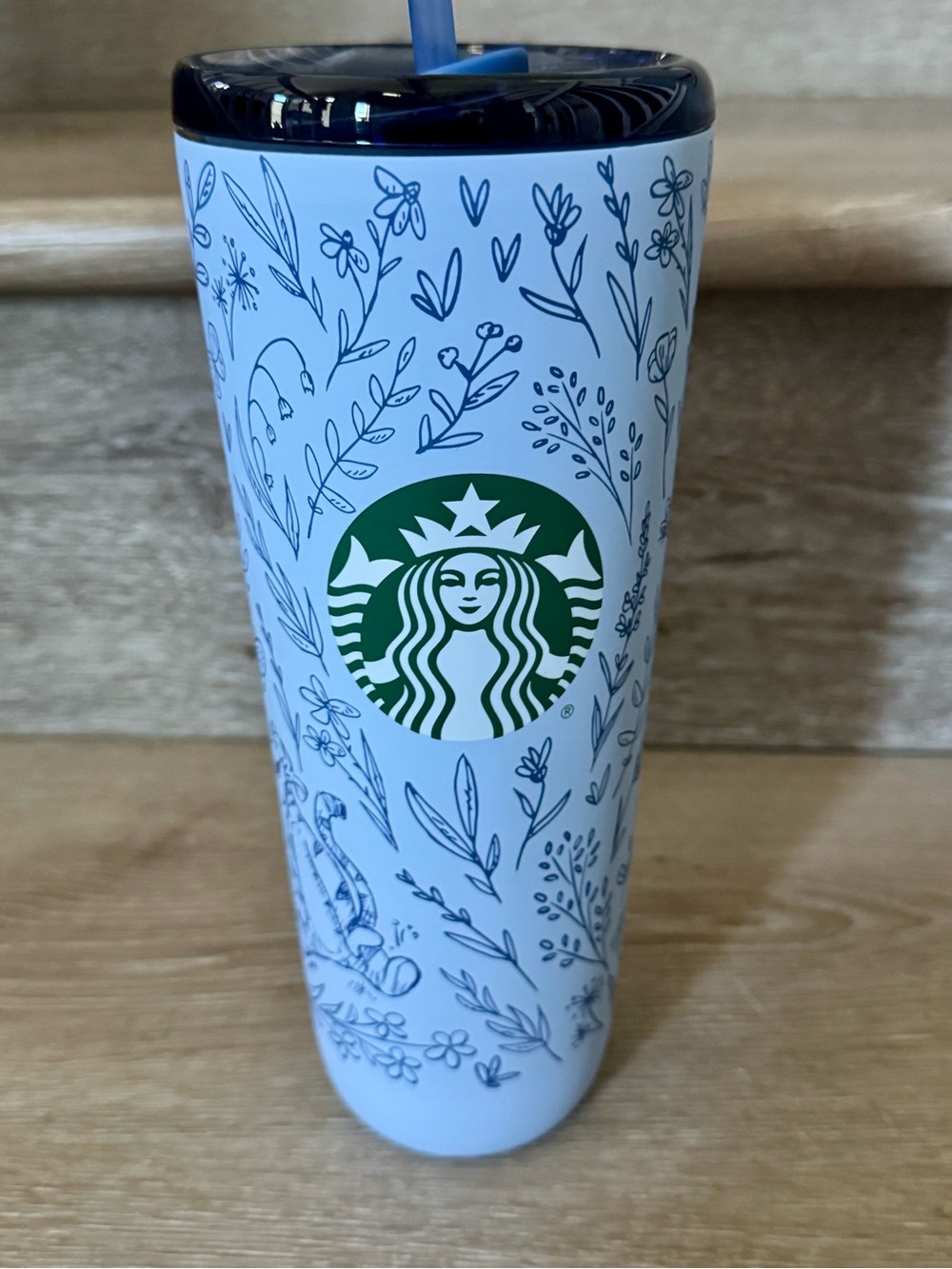 Starbucks blue and Navy Floral Travel Tumbler with Green Logo